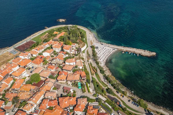 Old Town of Nesebar seaside city on Black Sea shore in Bulgaria, drone photo