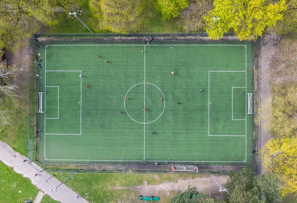 High Angle Drone View Football Field Agrykola Park Warsaw City — ストック写真