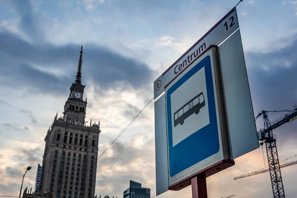 Warsaw Poland August 2021 Bus Stop Sign Palace Culture Science — Stock Photo, Image