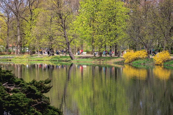 Warschau Polen April 2022 Frühlingsblick Auf Einen Teich Lazienki Park — Stockfoto