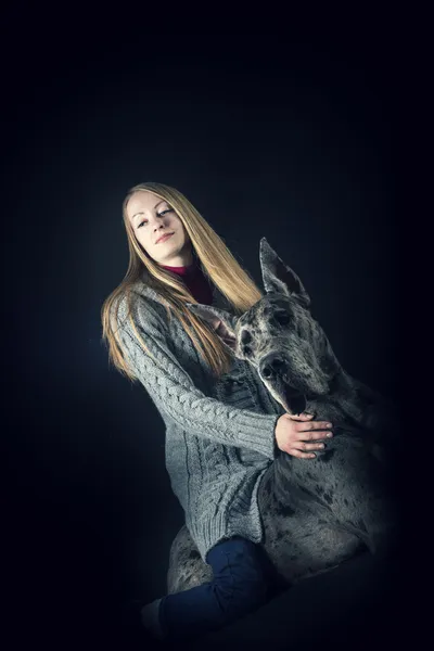 Cane il grande danese con la ragazza — Foto Stock