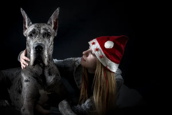 Σκύλος ο μεγάλος Δανός με το κορίτσι σε ένα καπάκι του Αϊ-Βασίλη — Φωτογραφία Αρχείου