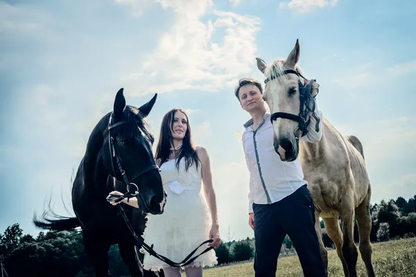 Mariage de couple insolite heureux près des chevaux Image En Vente