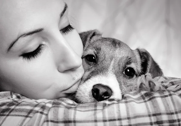 Beautiful girl with dreadlocks and dog puppy Jack Russell terrie — Stock Photo, Image