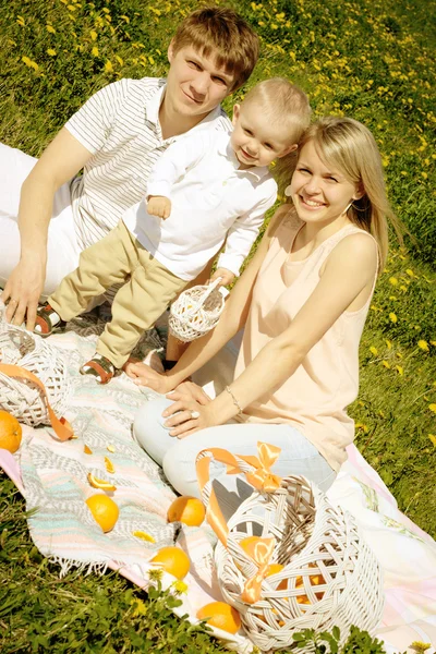 Šťastná rodina se synem a piknik — Stock fotografie