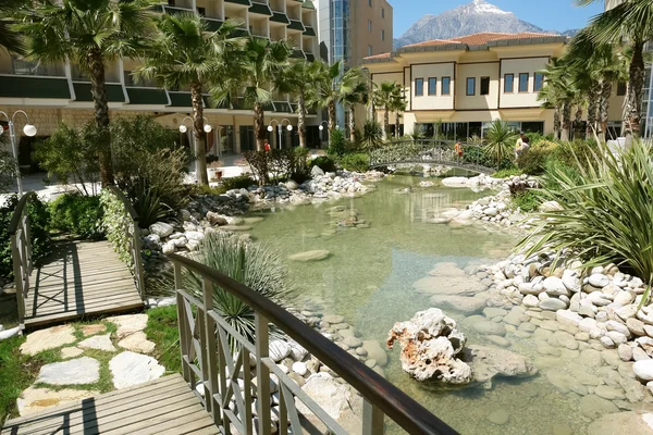 River and palms in hotel. — Stock Photo, Image