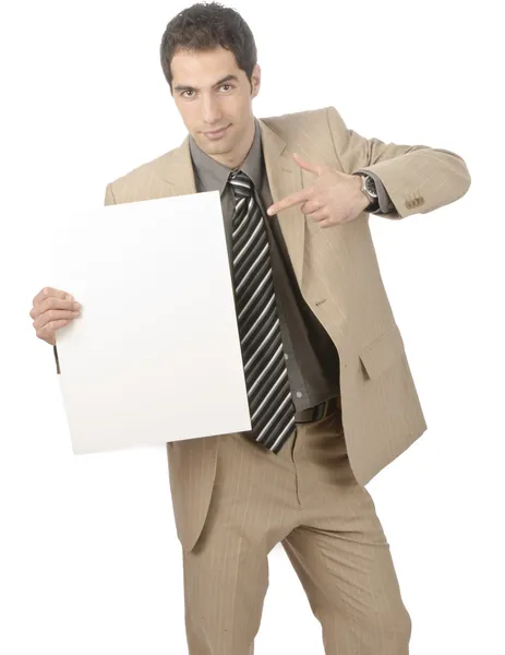 Geschäftsmann mit Schild in der Hand — Stockfoto