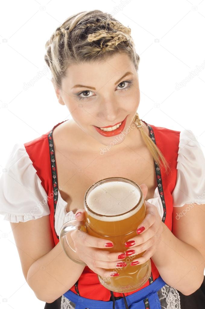 Portrait of a blonde young woman smiling with beer glass 