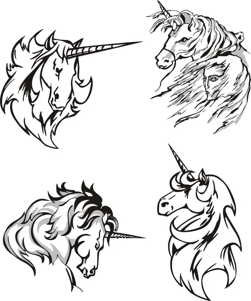 Empat unicorn sketsa - Stok Vektor