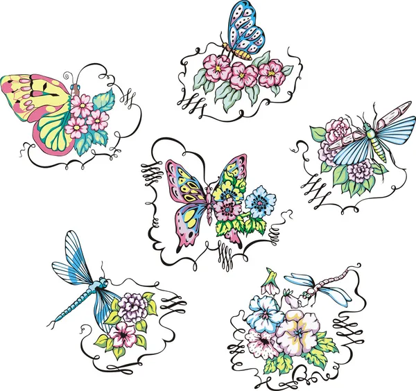 Kelebek ve çiçek üzerinde yusufçuk — Stok Vektör