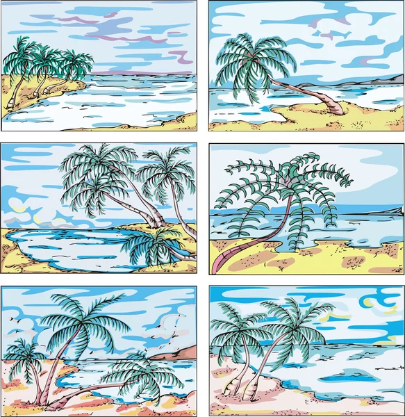 Vázlatok a táj a tengerpart pálmafákkal — Stock Vector