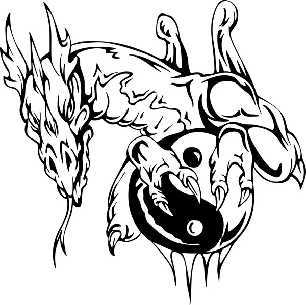Dragon tattoo with yin-yang sign — Stock Vector