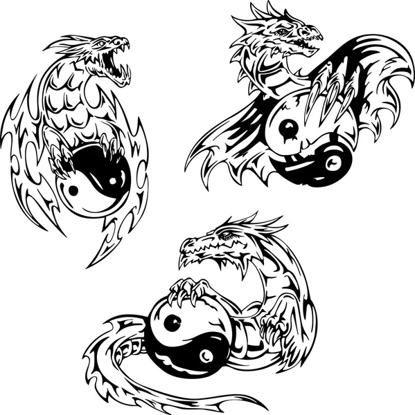 Dragon tattoos with yin-yang signs — Stock Vector