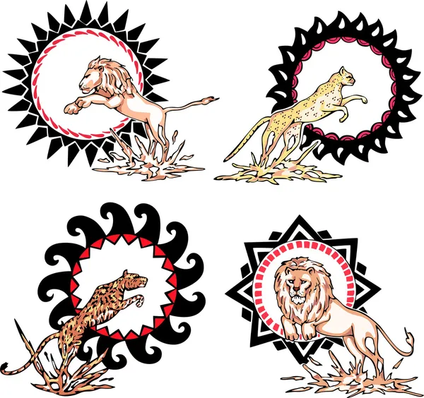 Totems - lions and leopards with solar signs — Stock Vector