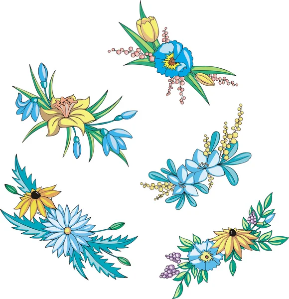 Diverse blå och gula blommor för prydnadsföremål — Stock vektor