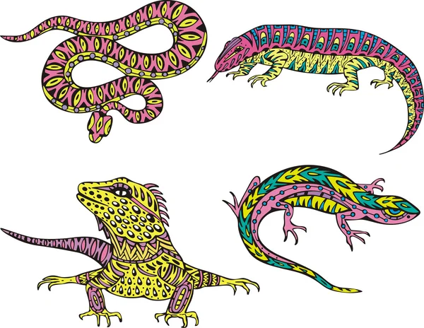 Serpent et lézards hétéroclites stylisés — Image vectorielle