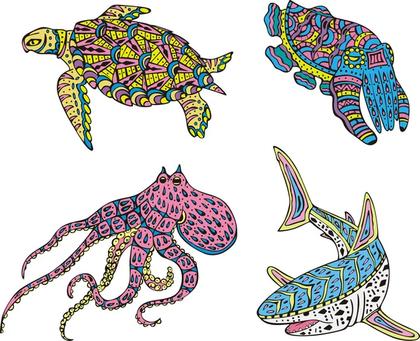 程式化的各色海洋动物 — 图库矢量图片