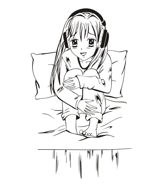 Anime κορίτσι με ακουστικά που κάθεται στο κρεβάτι — Διανυσματικό Αρχείο