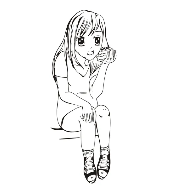 Anime chica comiendo pastel — Vector de stock