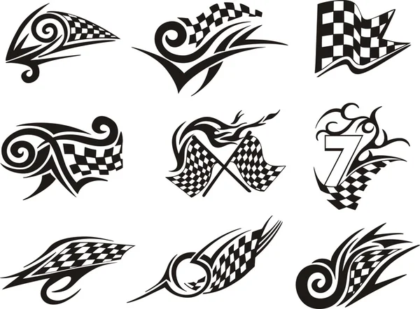 Set de tatuajes de carreras con banderas a cuadros — Vector de stock