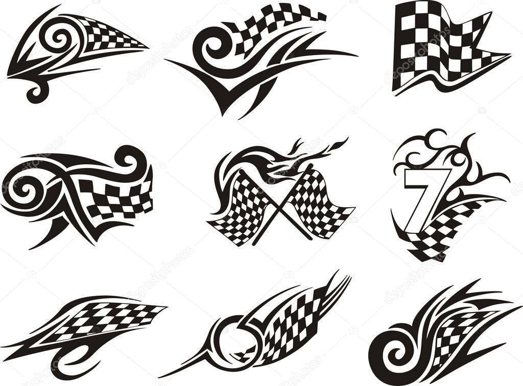 Set of racing tattoos with checkered flags. Black and white vector illustrations.