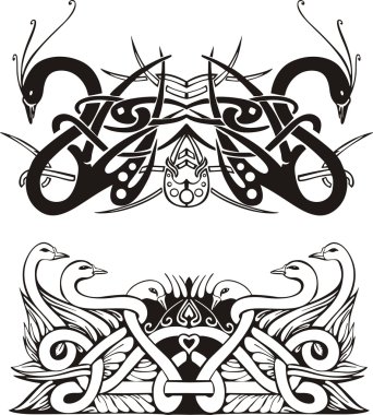 kuşlar stilize simetrik düğüm vinyetlerin