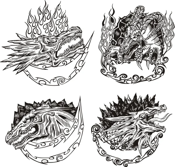 Modèles décoratifs avec têtes de dragon — Image vectorielle