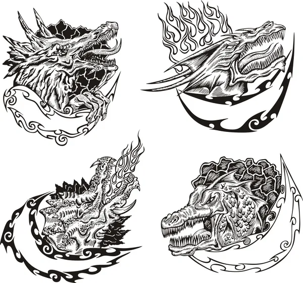 Plantillas decorativas con cabezas de dragón — Vector de stock
