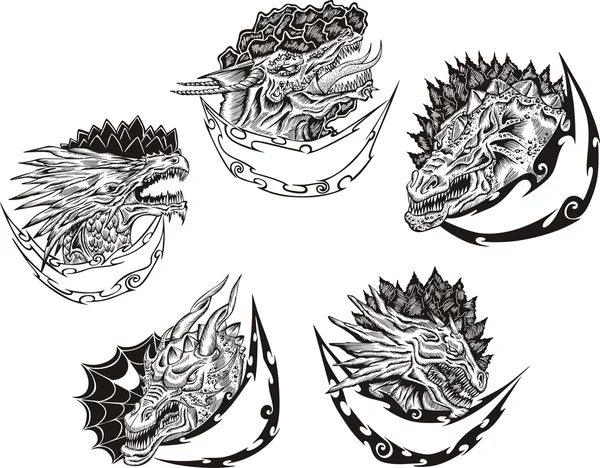 Modèles décoratifs avec têtes de dragon — Image vectorielle