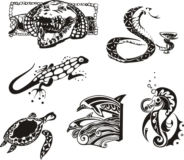 Bocetos de reptiles y animales marinos — Vector de stock