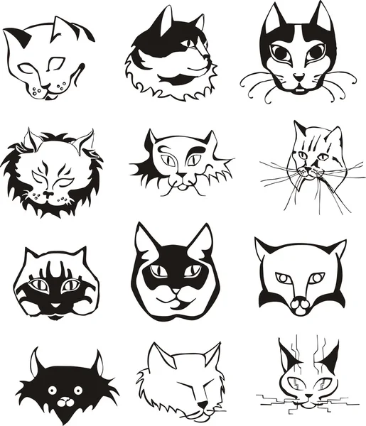 Conjunto de cabezas de gato de esquema — Archivo Imágenes Vectoriales