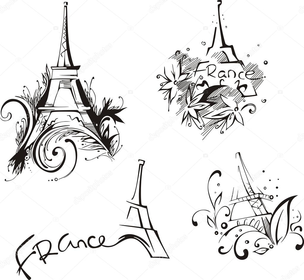 Sketches with Eiffel Tower. Vector set of black and white illustrations.