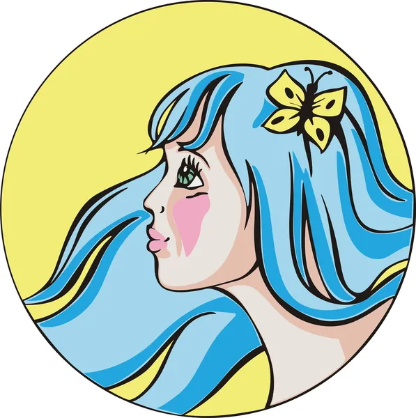 Retrato redondo de una joven linda mujer con cabello azul — Vector de stock