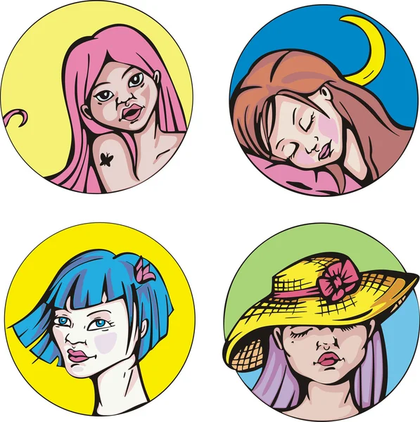 Round portraits of young cute women — Stock Vector