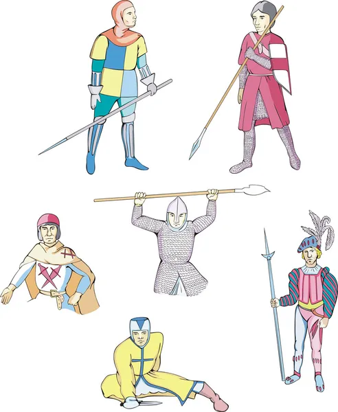 Conjunto de caballeros y guerreros medievales — Archivo Imágenes Vectoriales