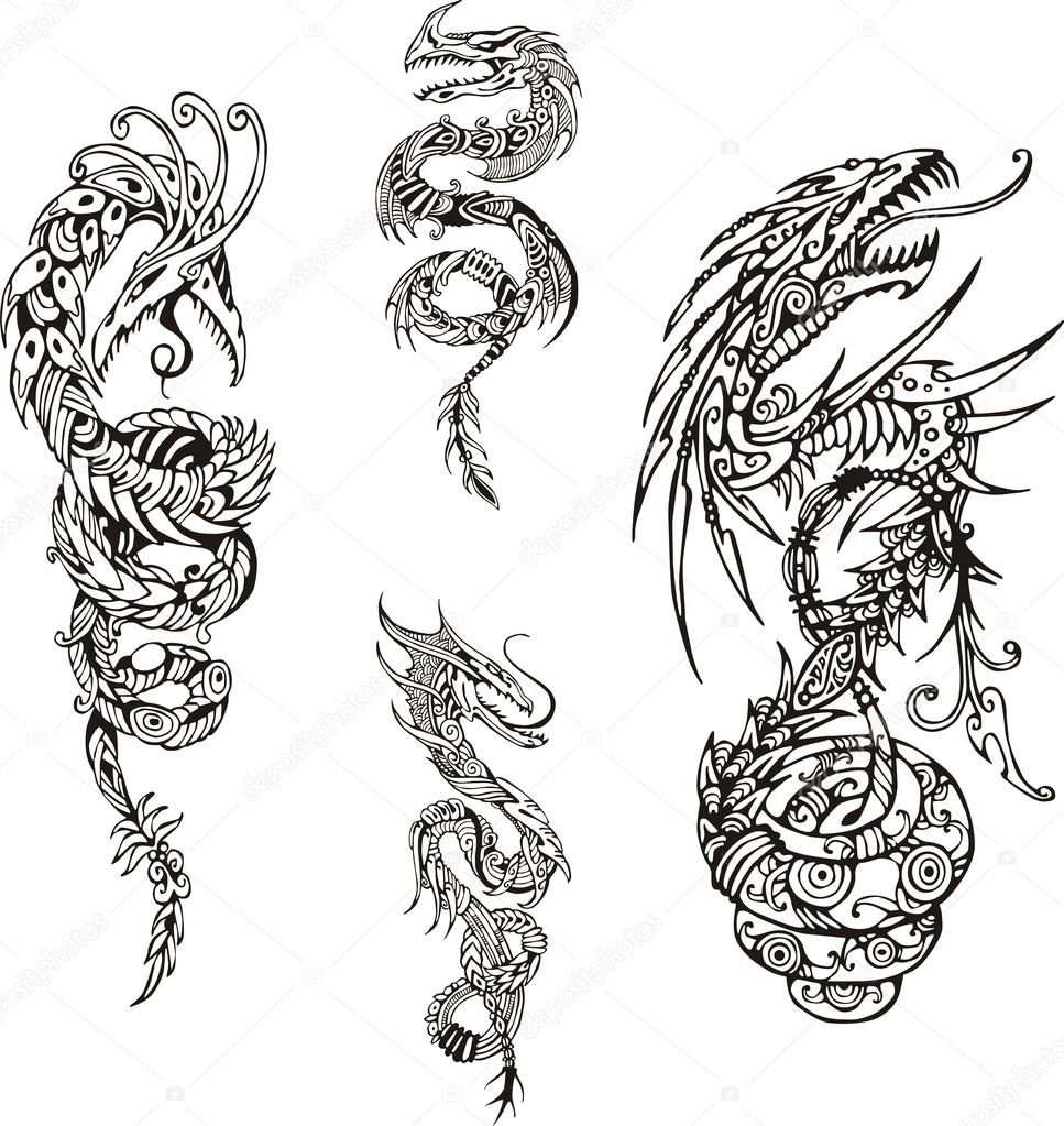 Stylized dragon spiral tattoos