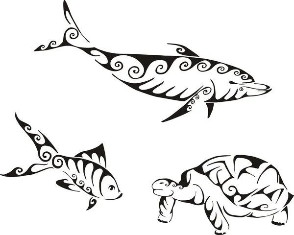 Dolphin, fish and turtle in tribal style — Stock Vector