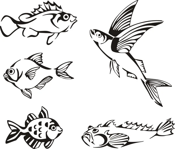 Conjunto de pescado blanco y negro — Vector de stock