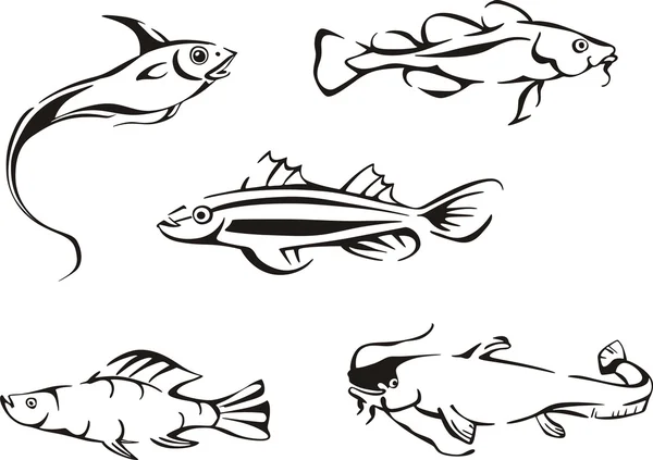 Conjunto de pescado blanco y negro — Vector de stock