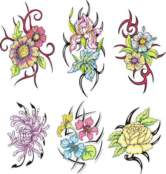 Colorful tribal flower tattoos — Stock Vector