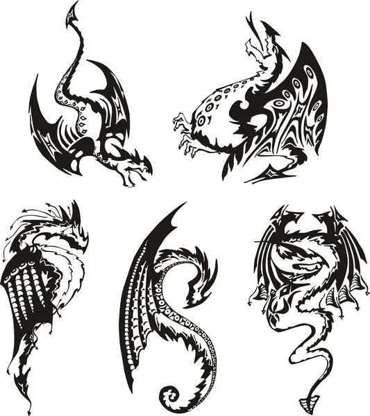 Ensemble de dragons noirs et blancs — Image vectorielle