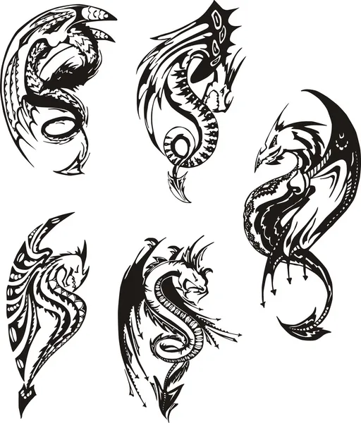 Conjunto de dragones blanco y negro — Vector de stock