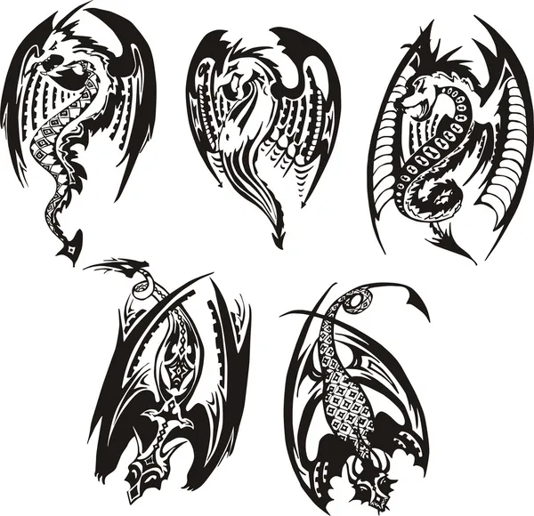 Conjunto de poderosos dragones en blanco y negro — Vector de stock