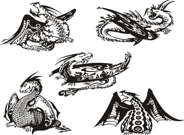 Ensemble de dragons noirs et blancs — Image vectorielle