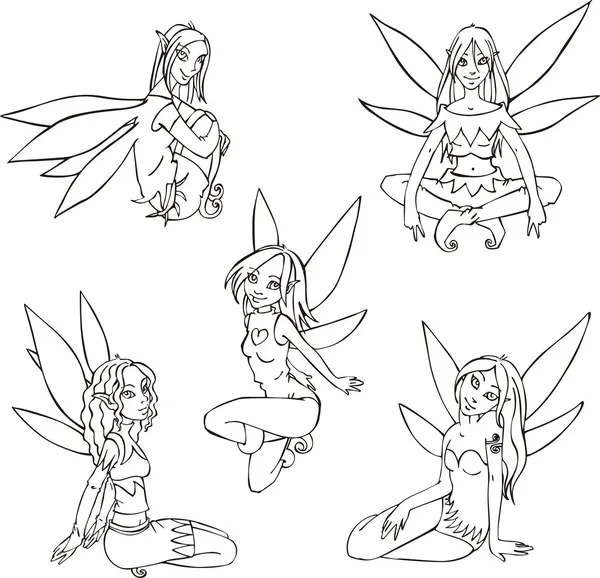 Outline set of cute fairies — Stock Vector