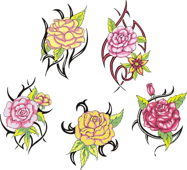 Set of tribal rose flower tattoos — Stock Vector