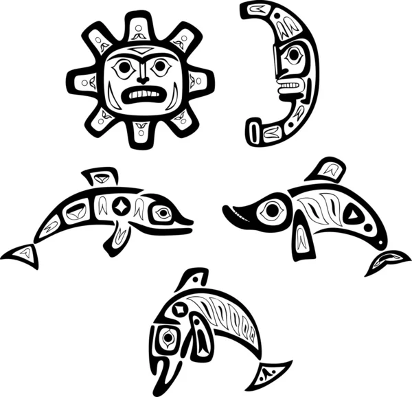 Disegni tribali di lustrascarpe nativi. Pesce, sole, luna — Vettoriale Stock
