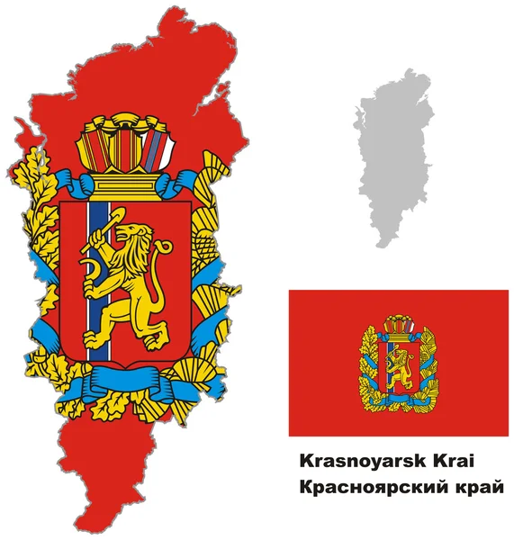 Esquema mapa de Krasnoyarsk Krai con la bandera — Vector de stock