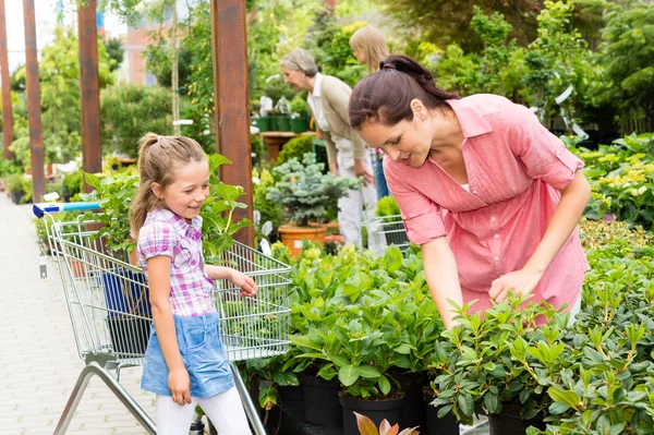 Centro de jardim criança mãe compras flores planta — Fotografia de Stock