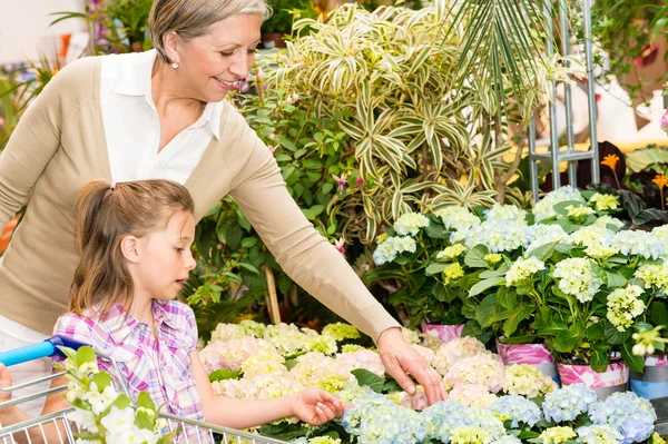 Plantskolan flicka med mormor köpa blommor Stockbild